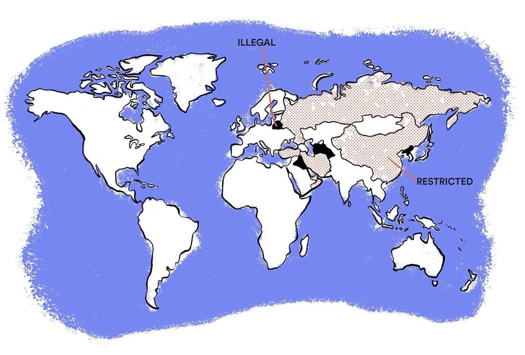 Illustration showing countries where VPNs are illegal and legal