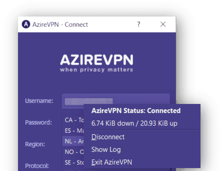 Two screenshots of AzireVPN side by side