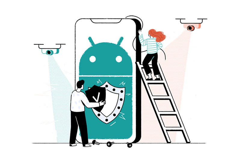 Android logo on a phone with two characters installing a shield on it