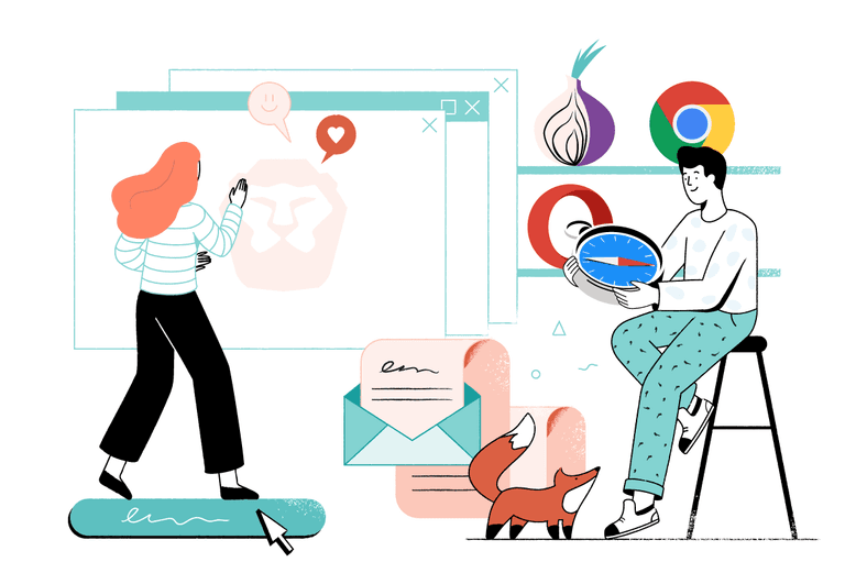 Illustration of two characters choosing a private and secure web browser.