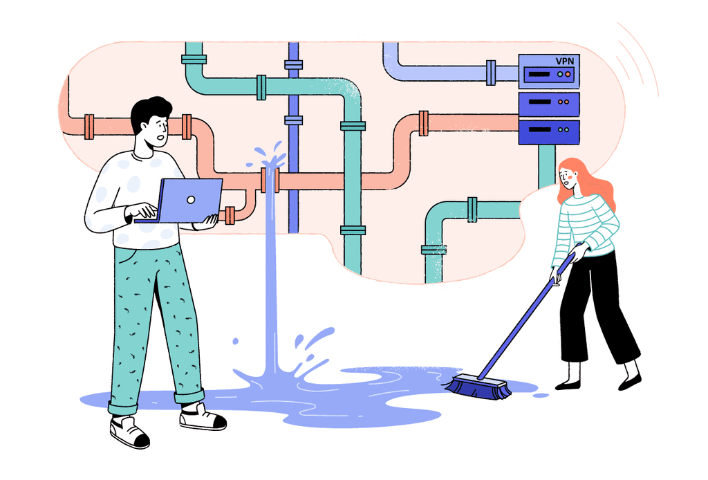 Illustration of two characters trying to fix a leaking pipe.