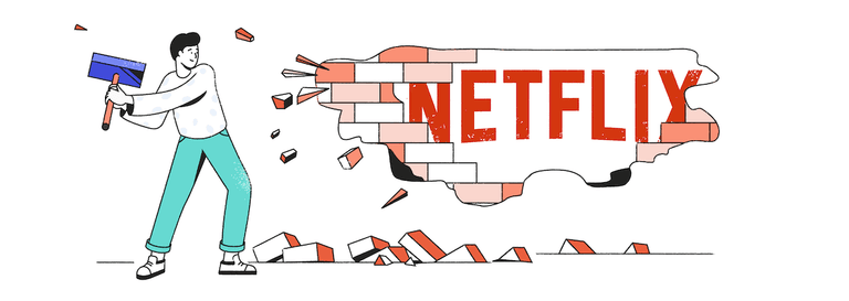 A man breaking through a wall with a hammer to reveal the Netflix logo