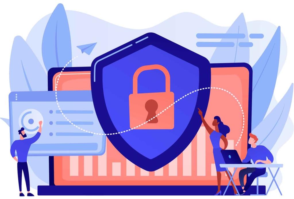VPN Demand: Global Statistics in 2020 report header illustration showing people pointing to a padlock symbol on a laptop