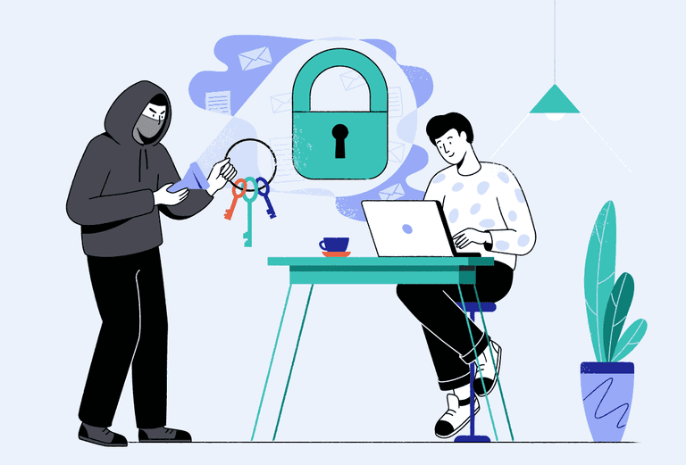 illustration of a cafe setting where a hacker with a set of keys is ready to unlock access to a man's internet connection