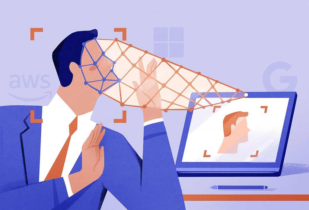 Illustration showing a man's face being scanned electronically acting as a header image for a report into how U.S. Big Tech companies are providing core website support to blacklisted Chinese surveillance companies.