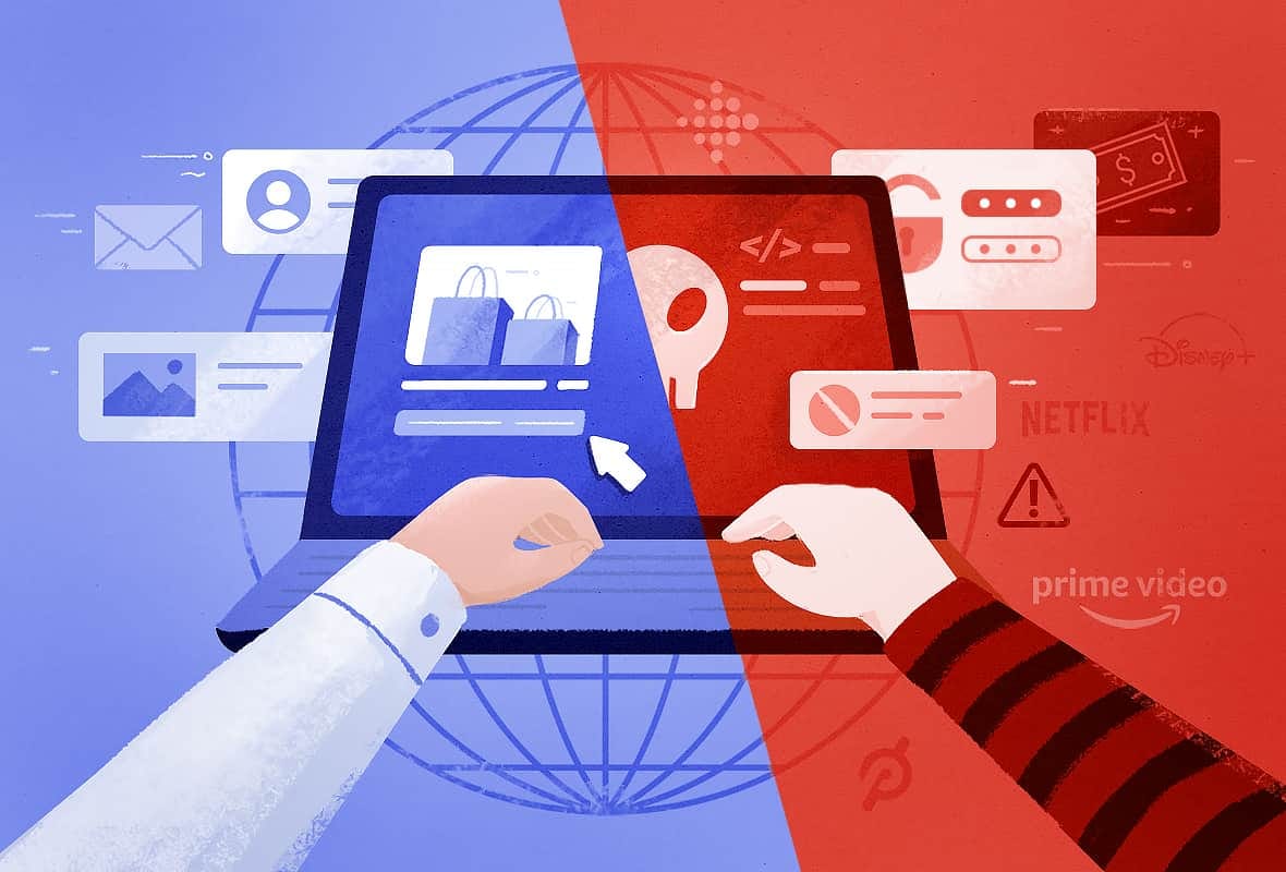 Illustration showing someone accessing the clear web and darknet on a laptop.