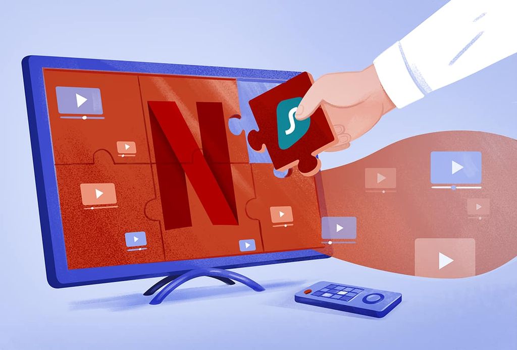 illustration of a man filling in the final piece of a Netflix puzzle with a piece branded with the Surfshark VPN logo