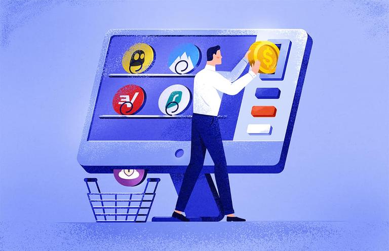 ilustracja mężczyzny kupującego VPN z ekranu komputera, który jest zaprojektowany jak automat do sprzedaży