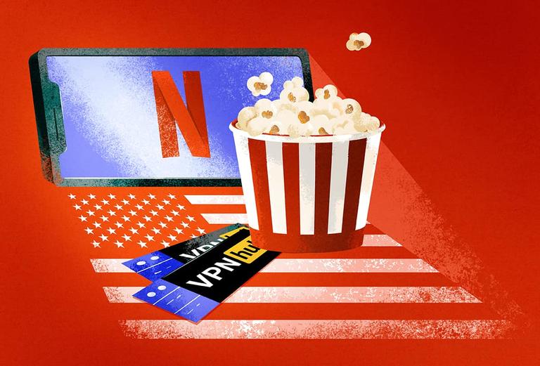 watching US Netflix on a smartphone with tickets branded with the VPNhub logo and popcorn