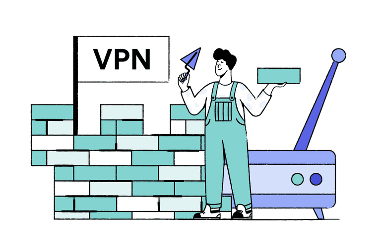 Man building a brick wall in front of a router with a flag labelled VPN