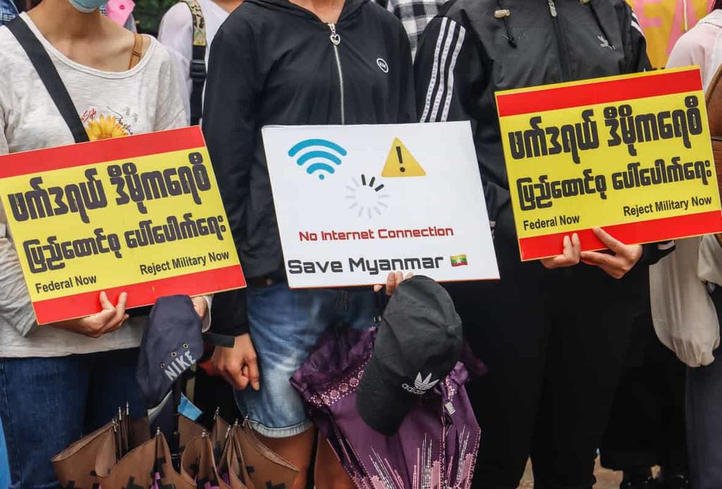 Internet Shutdowns VPN Ownership header image of Myanmar citizens demanding the lifting of internet restrictions
