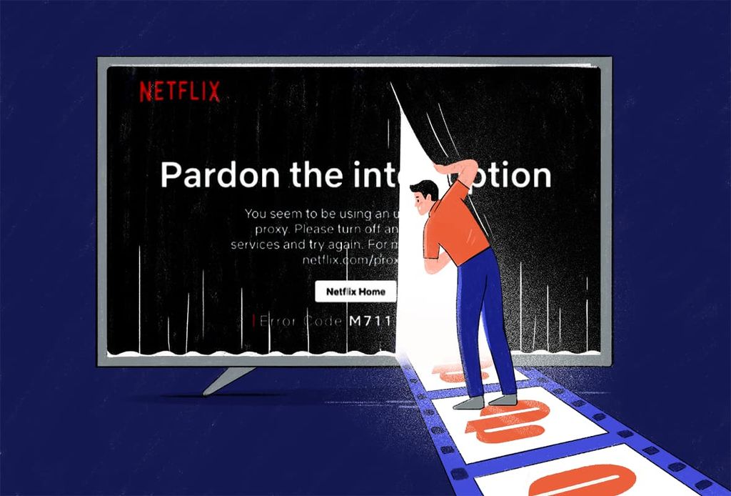 An illustrated representation of a user using ExpressVPN to bypass the Netflix VPN error message