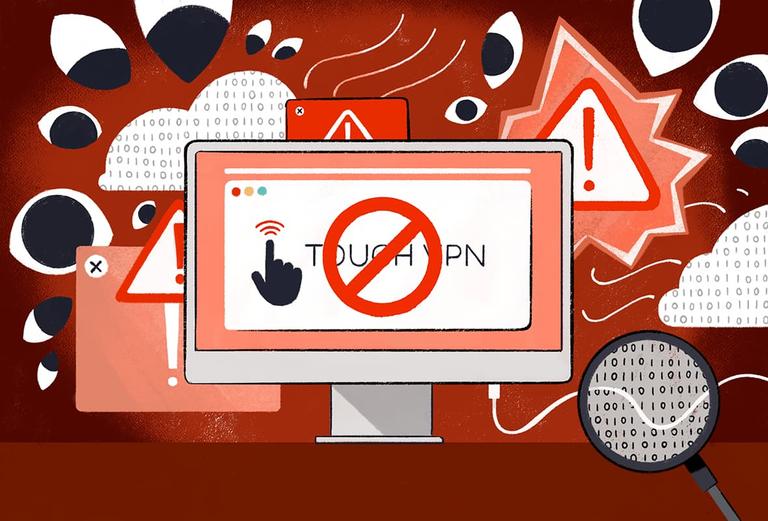 Illustration of a stop sign imposed on the Touch VPN logo