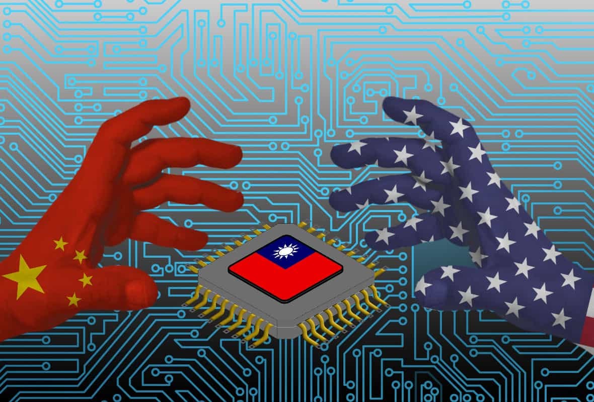 Illustration showing hands in Chinese and U.S. colors reaching for a computer chip.