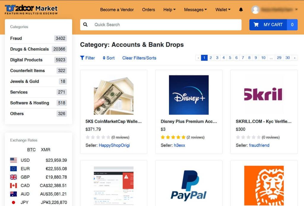 A screenshot of darknet market Tor2door showing fraud items for sale