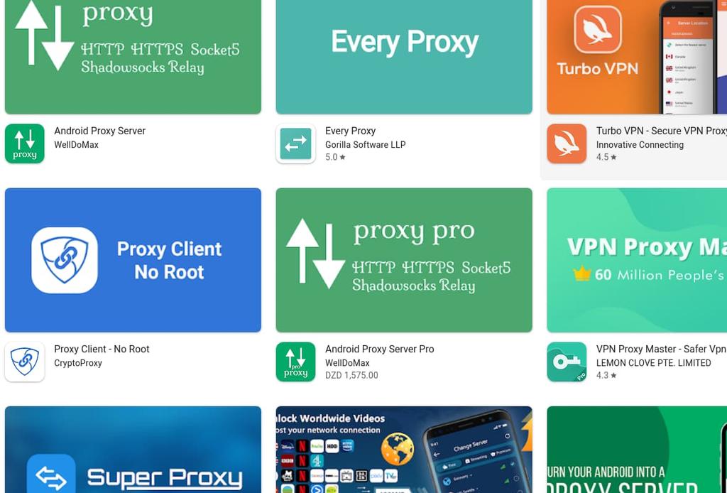 Screenshot of proxy apps in the Google Play Store
