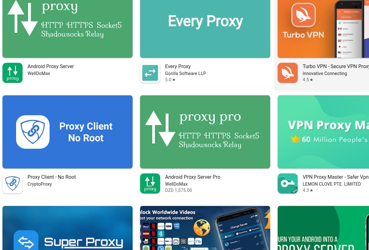 Screenshot of proxy apps in the Google Play Store.