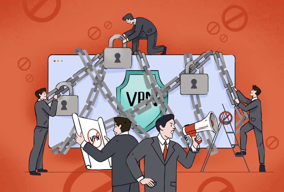 Illustration showing a VPN that's been chained up by men in suits