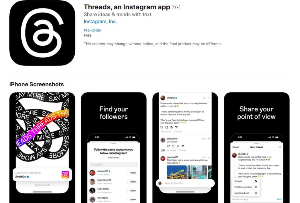 Screenshot of Threads listing on the App Store