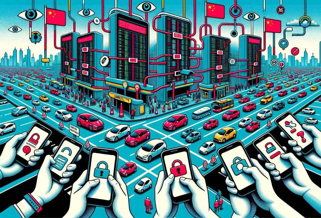 Header illustration for data privacy investigation of Chinese EVs showing smartphones and electric cars