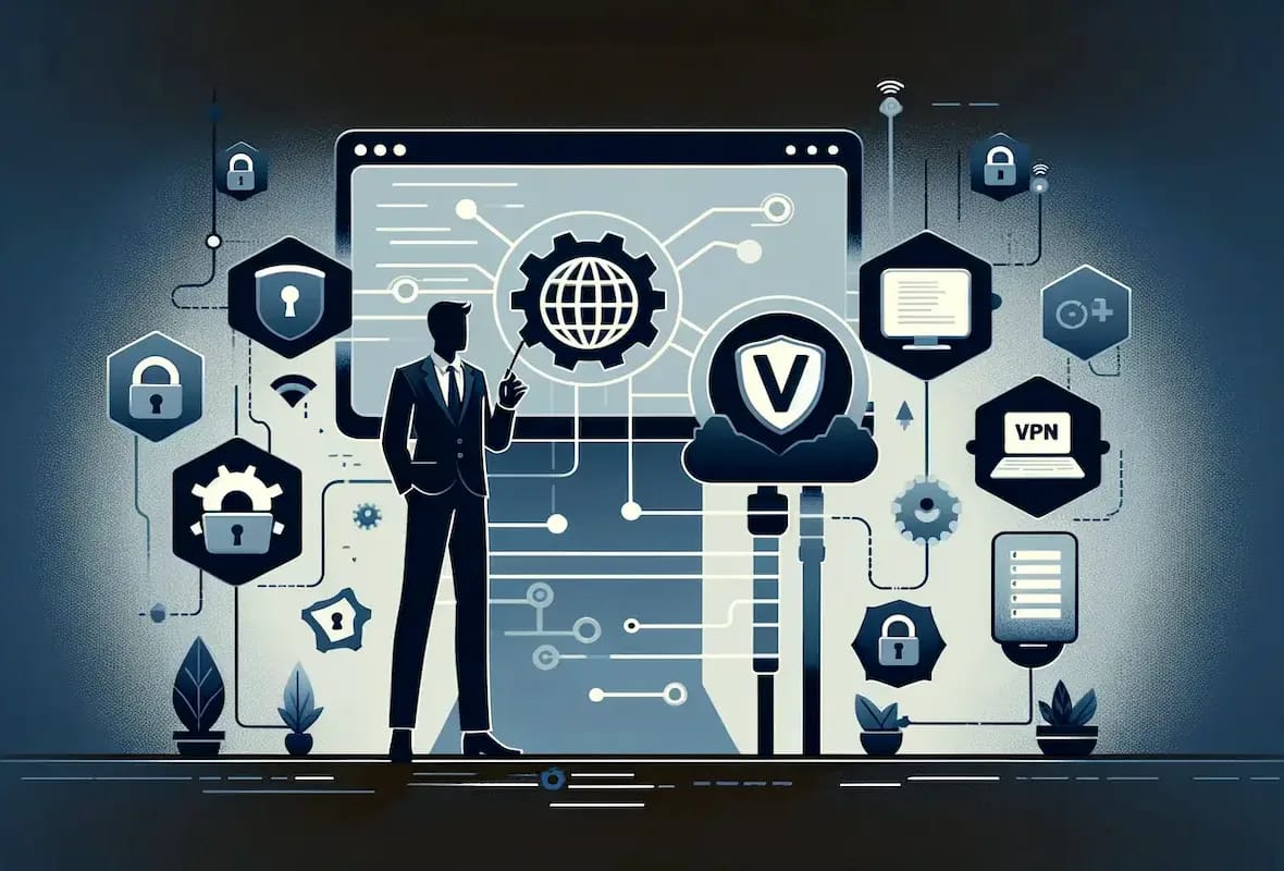 Illustration showing a man in front of a computer screen and other devices using a VPN.