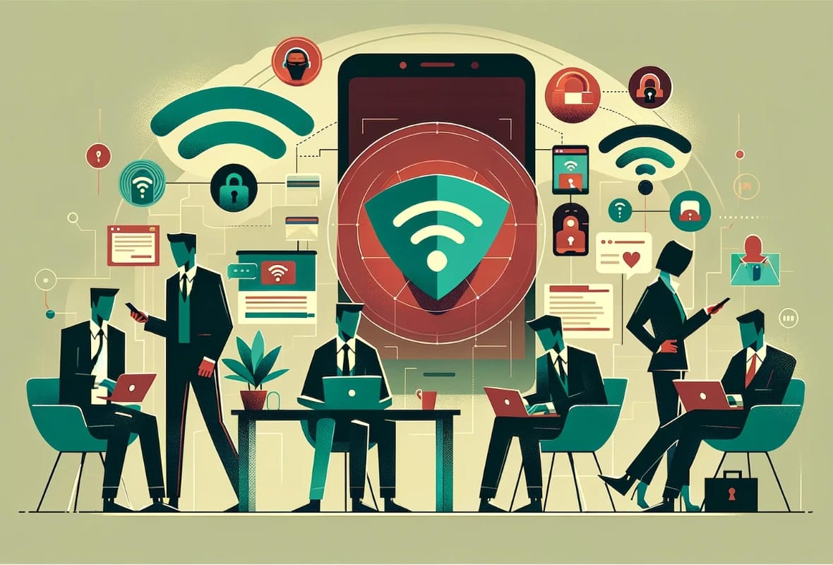 Illustration of people in suits accessing a WiFi network