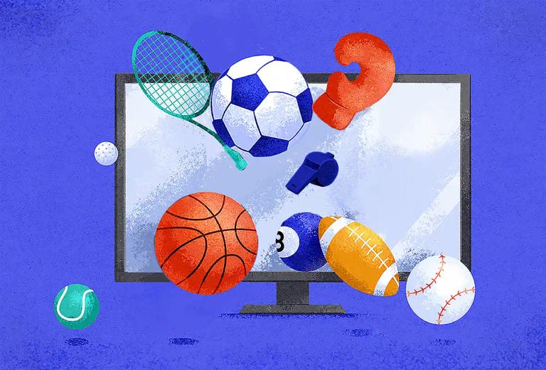 Sports equipment, including a soccer ball, emerge from a computer monitor, symbolizing streaming sports online.