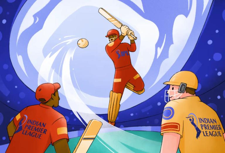 IPL cricket batsman hitting a ball, with a bowler in yellow observing. Set against a stylized shield, representing VPN protection.