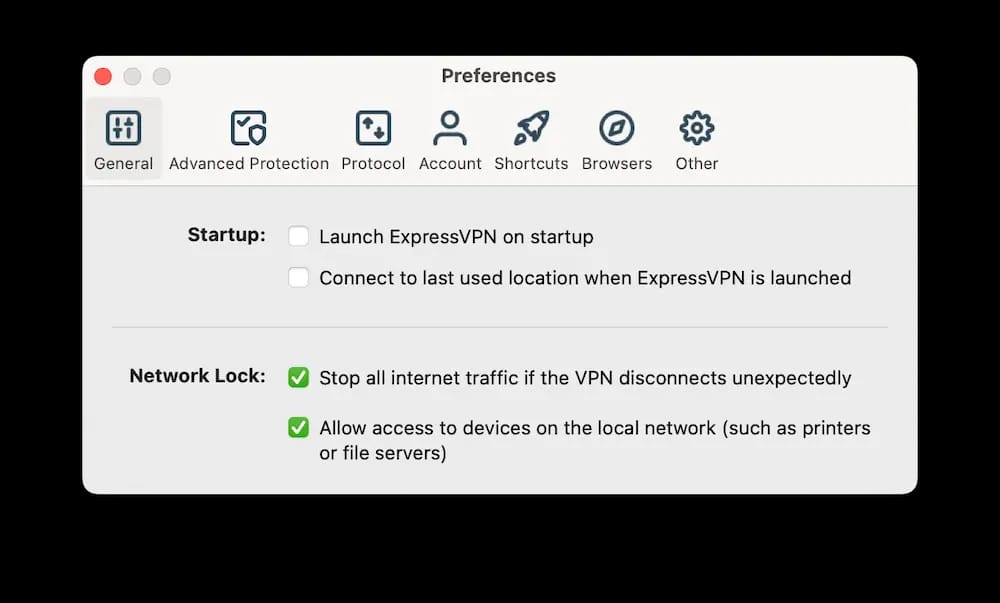 ExpressVPN Network Lock settings.