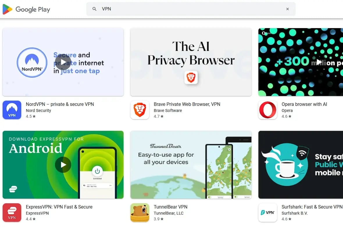 Image of Android VPN apps in the Play Store.