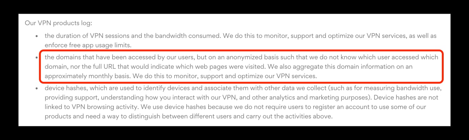 Hotspot Shield's privacy policy