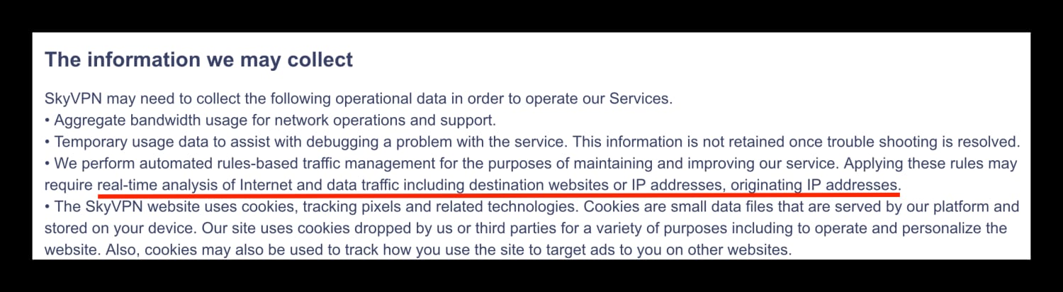 SkyVPN's privacy policy