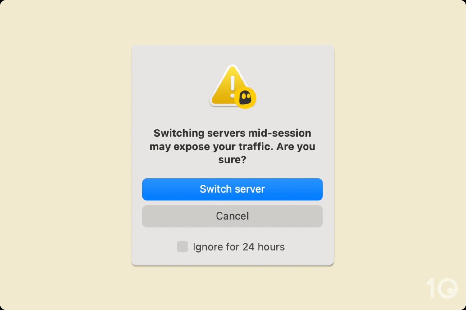 A pop-up from CyberGhost warning against changing servers.