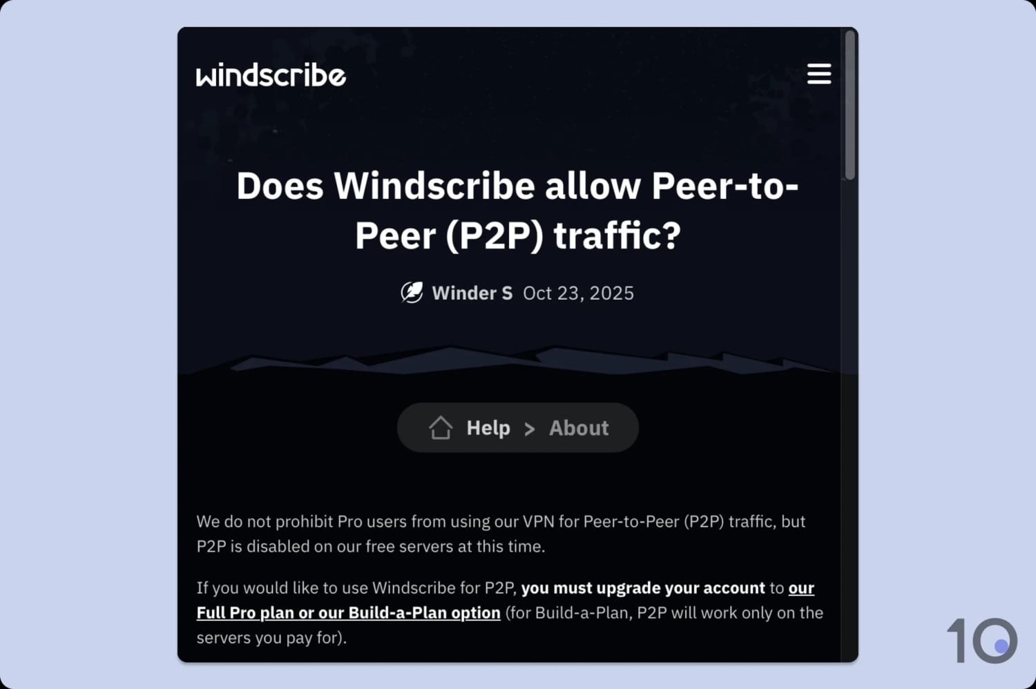 Screenshot of Windscribe's support page on torrenting.