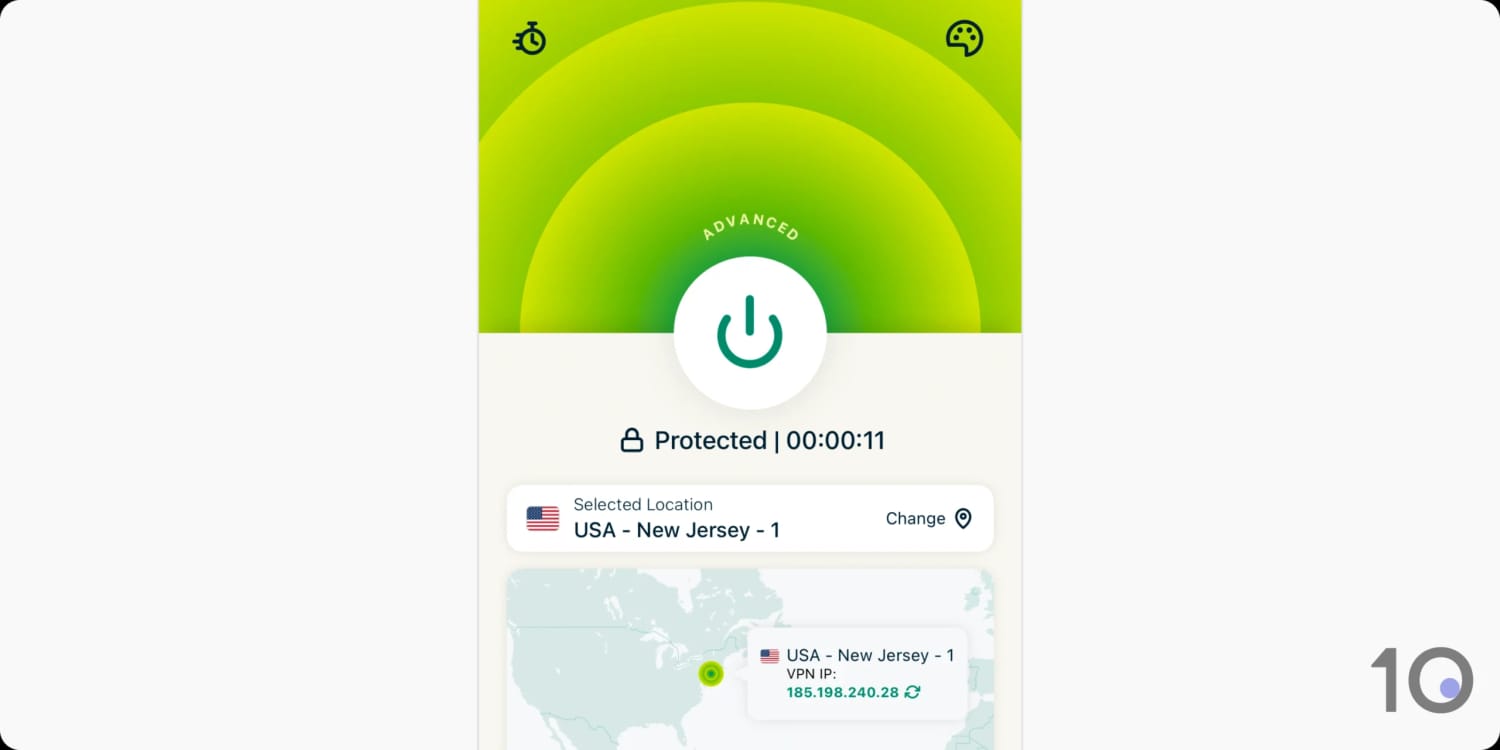 Screenshot of ExpressVPN iOS app connected to New Jersey.