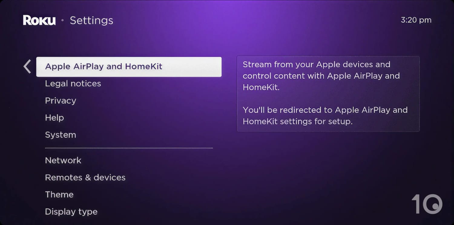 Roku settings menu highlighting Apple AirPlay and HomeKit.