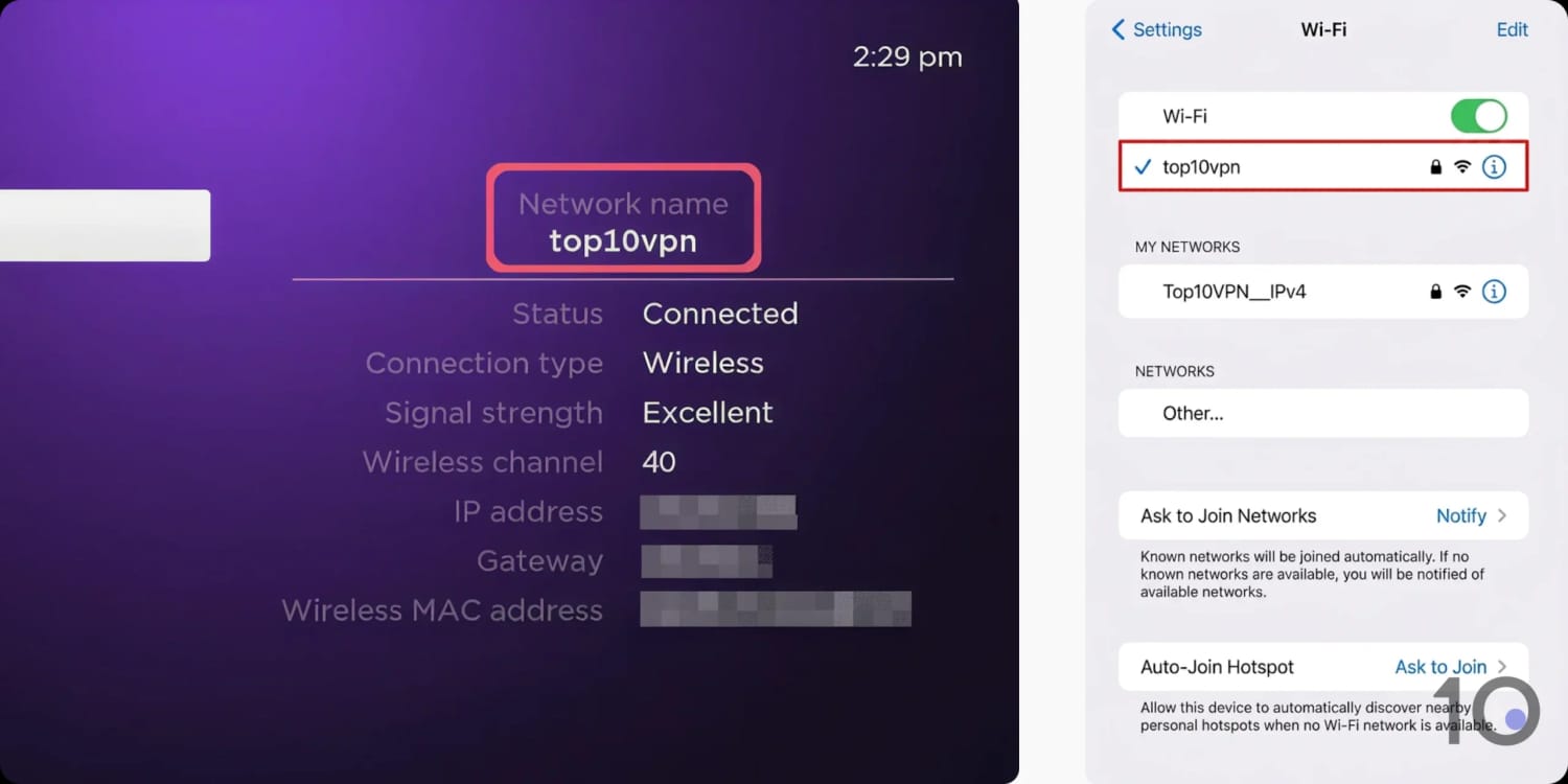 Side-by-side Roku and iOS network settings showing connection to the same WiFi network.