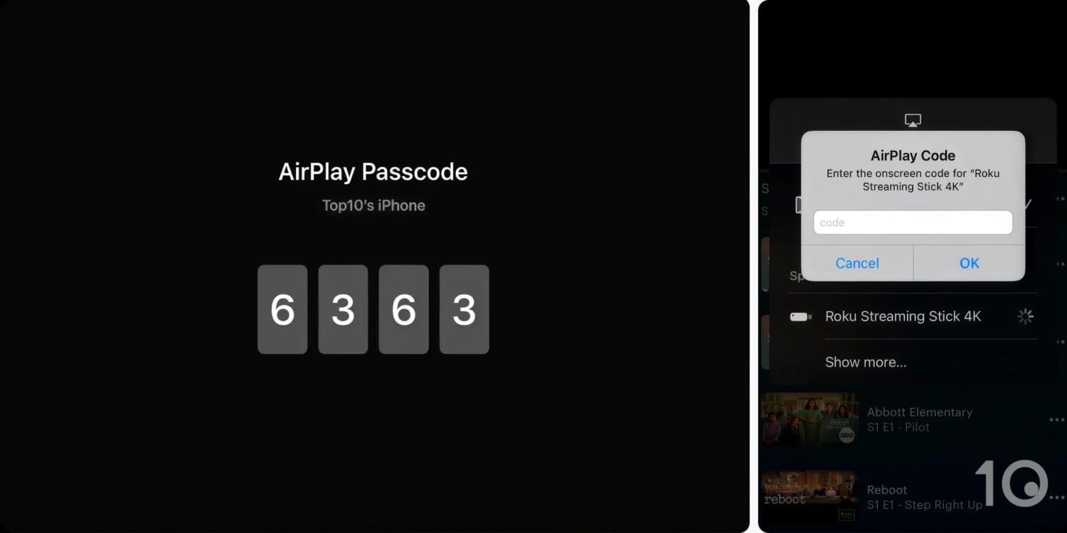 AirPlay passcode on Roku next to iPhone entry prompt.
