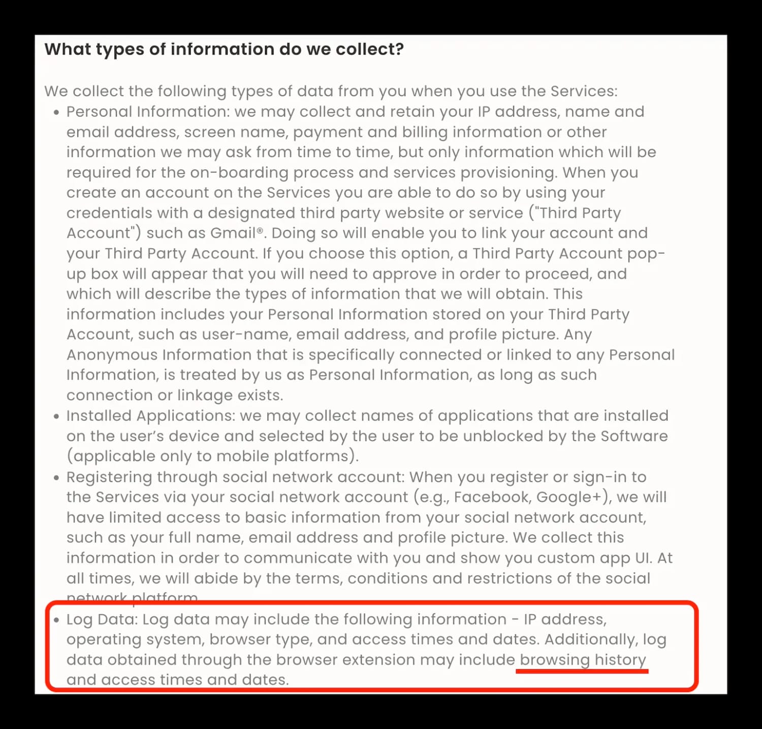 Part of Hola VPN's privacy policy