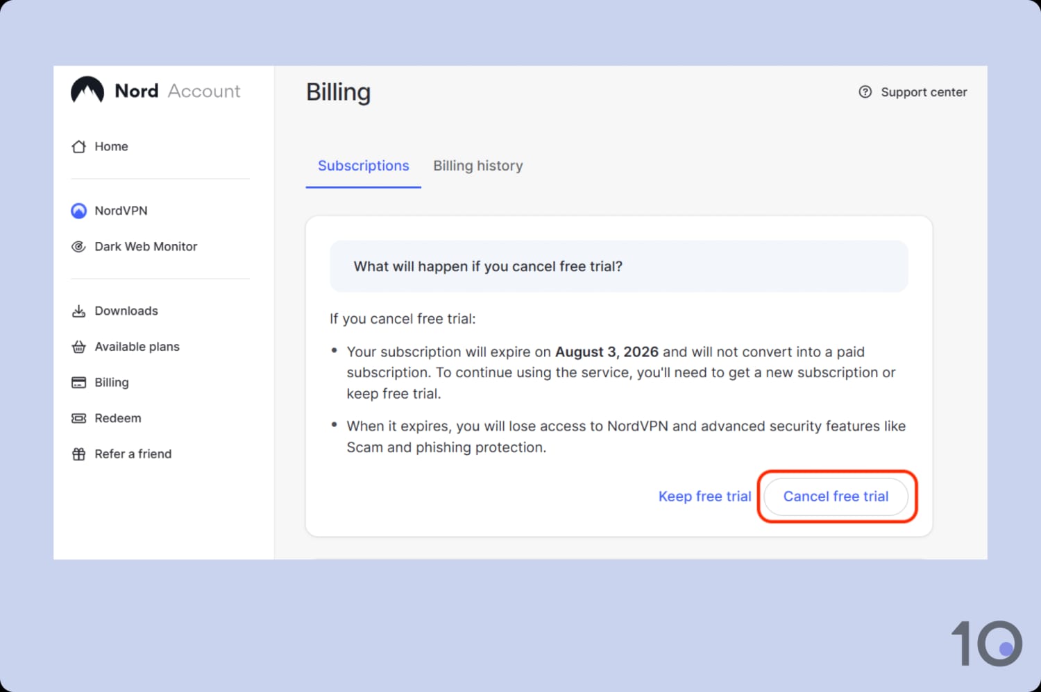 Confirm that you want to cancel the NordVPN free trial.