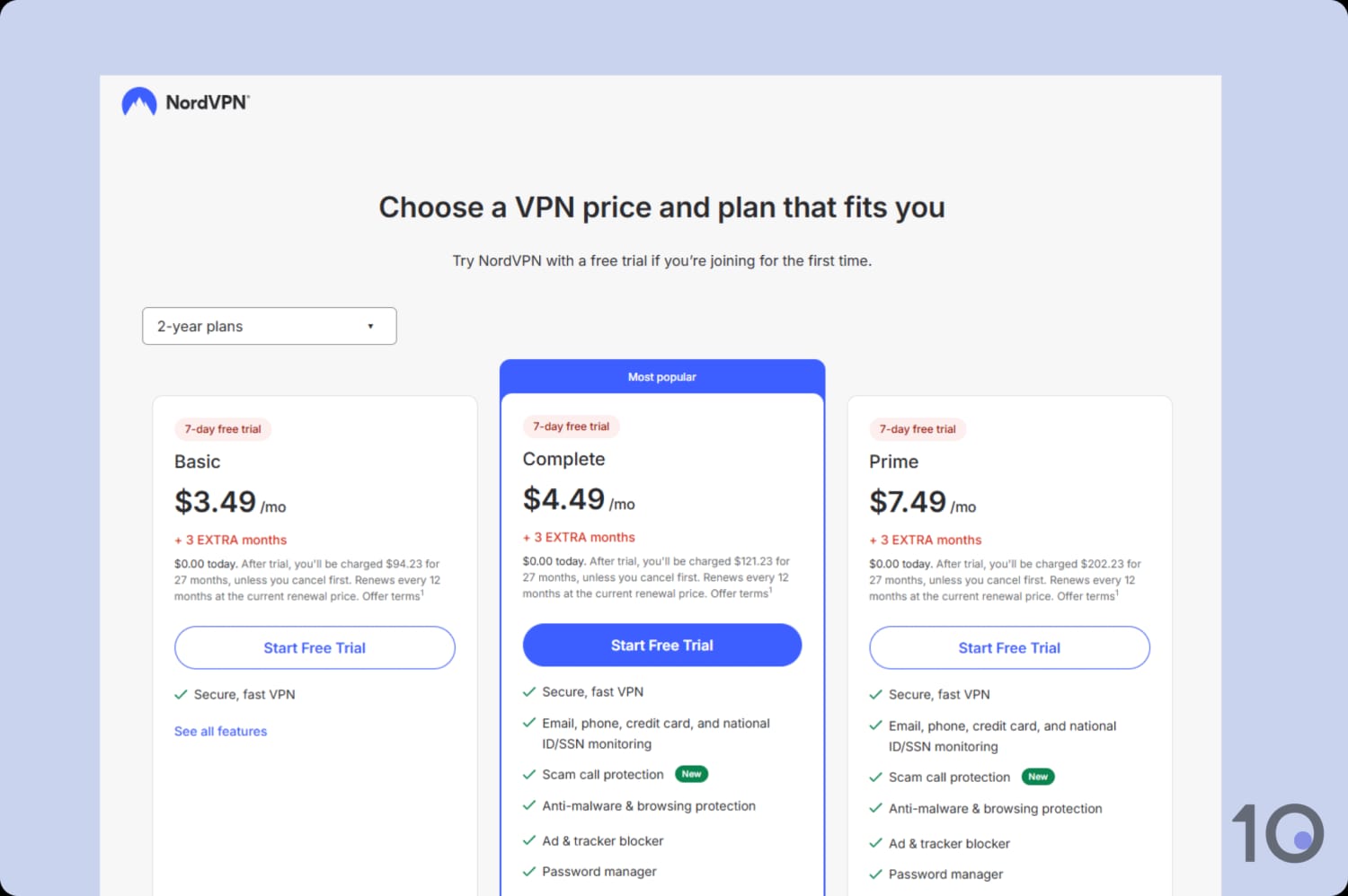 NordVPN free trial eligible subscription plans.