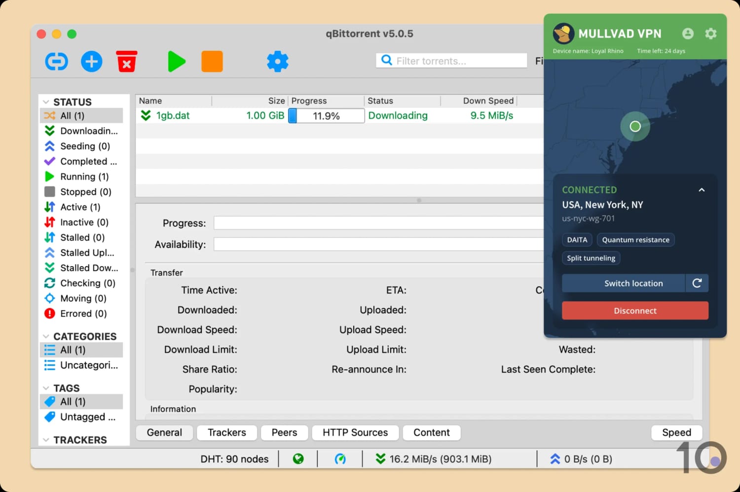 qBittorrent client downloading a file alongside an active Mullvad connection.