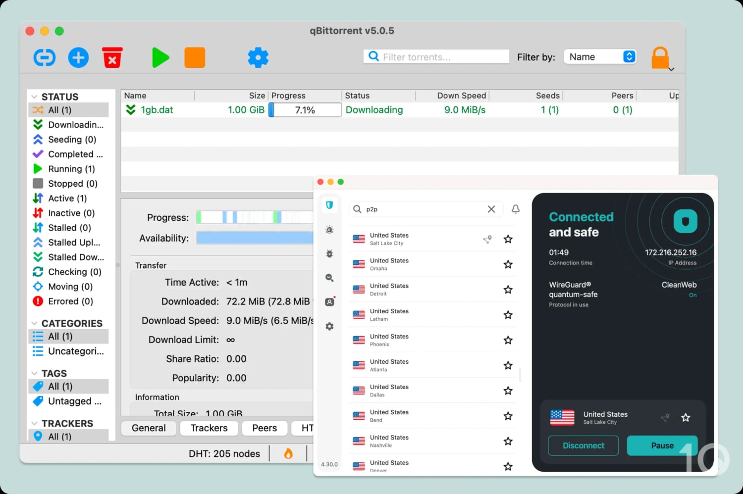 qBittorrent client downloading a file alongside an active Surfshark VPN connection.