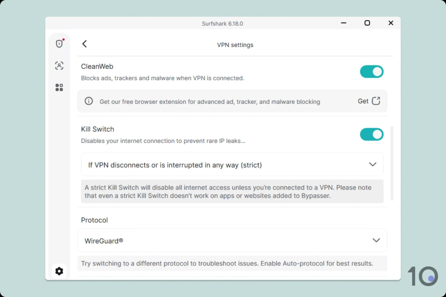 Surfshark VPN settings with CleanWeb, Kill Switch, and WireGuard enabled.