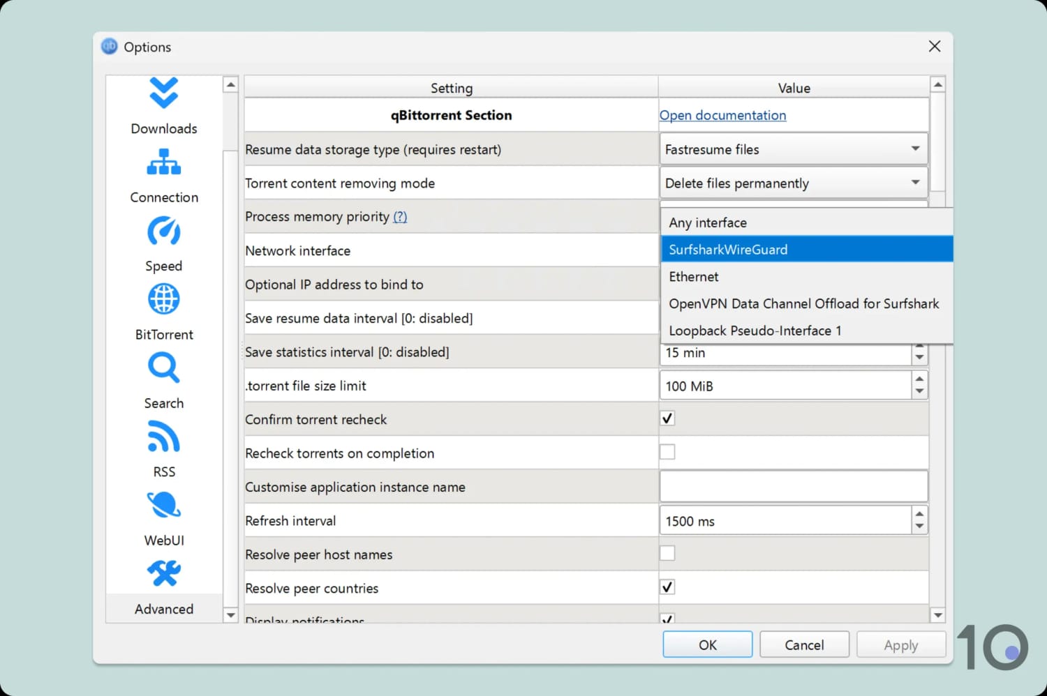 qBittorrent advanced settings with the Surfshark WireGuard interface highlighted.