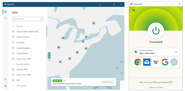 NordVPN and ExpressVPN's apps side-by-side