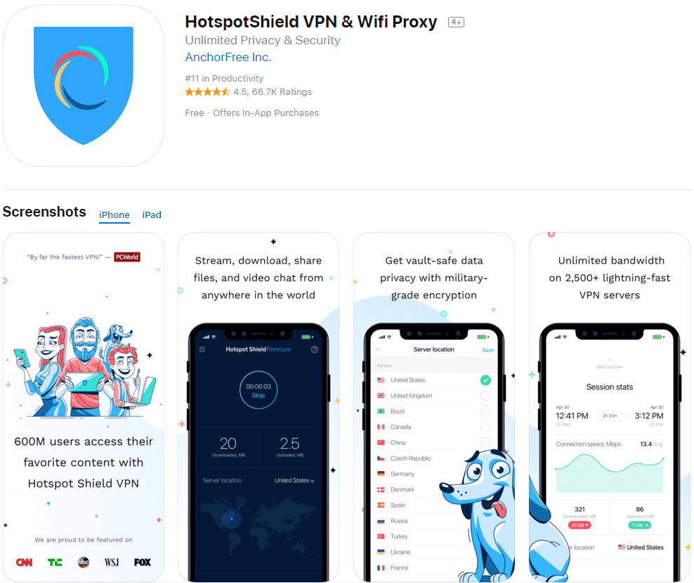 Hotspot Shield App Store listing
