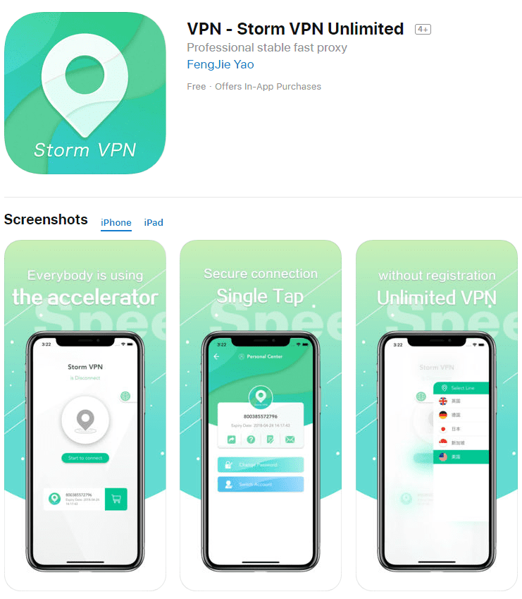 Storm VPN App Store listing
