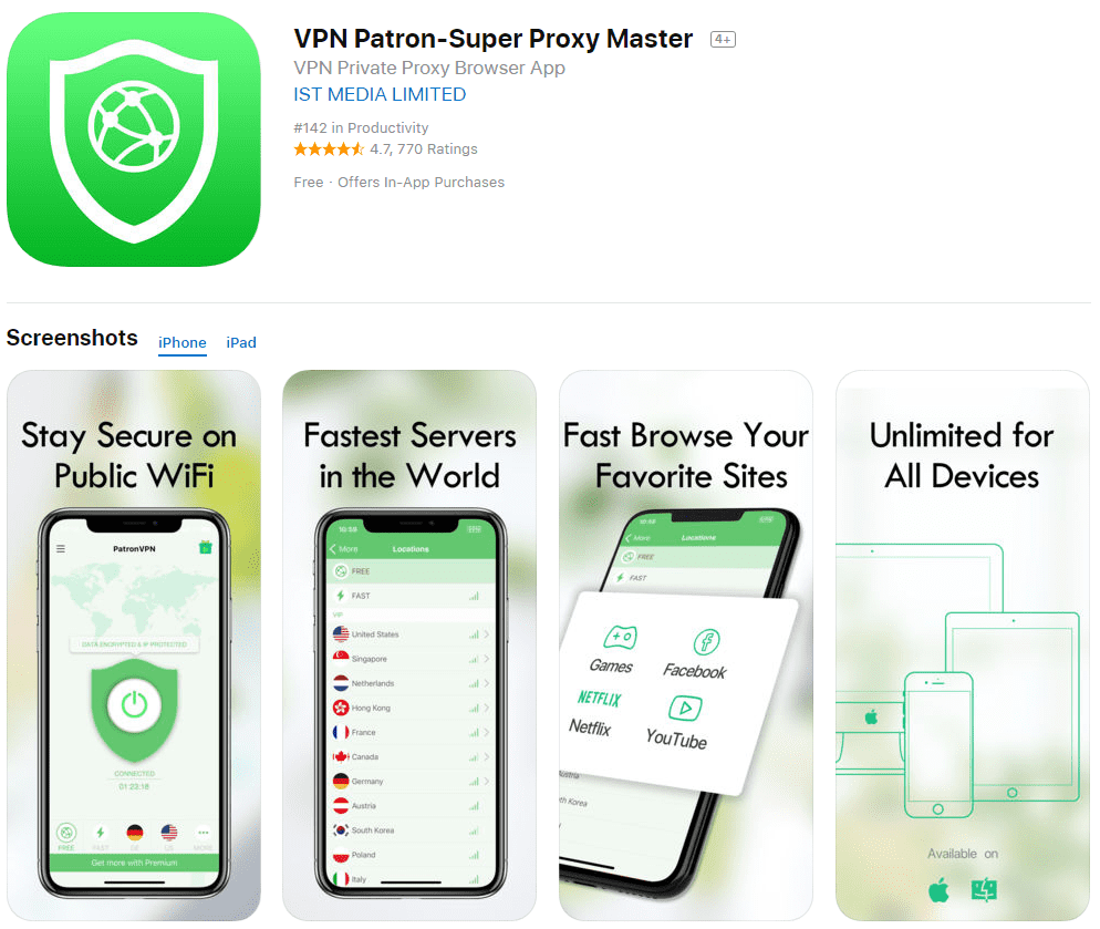 Free VPN Investigation: VPN Patron App Store listing