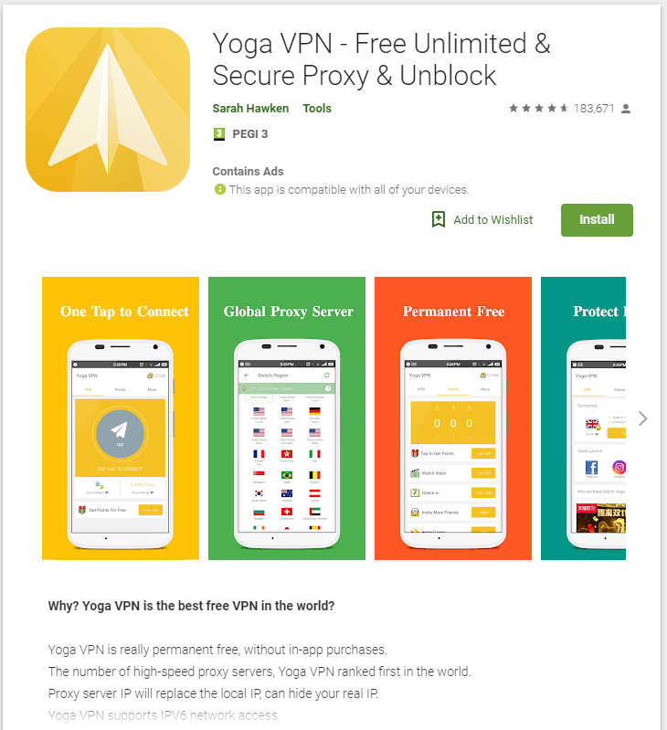 YogaVPN Google Play listing